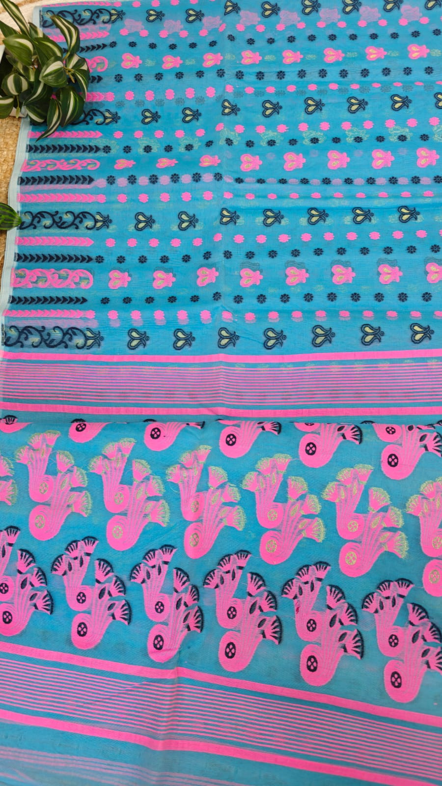 Bengal Jamdani Saree Sky Blue Pure Cotton  – Threads of Contrast and Tradition