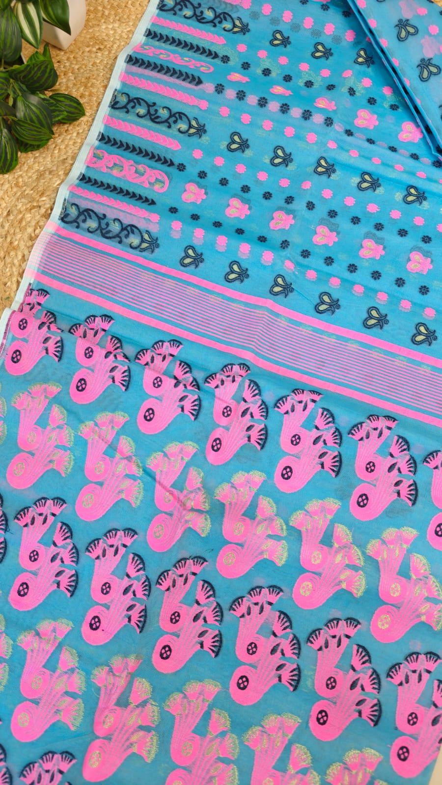 Bengal Jamdani Saree Sky Blue Pure Cotton  – Threads of Contrast and Tradition