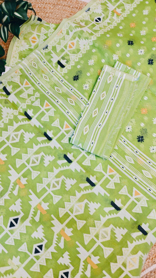 Bengal Jamdani Saree Bright Lime Green Pure Cotton  –Korat Elegance in Every Thread