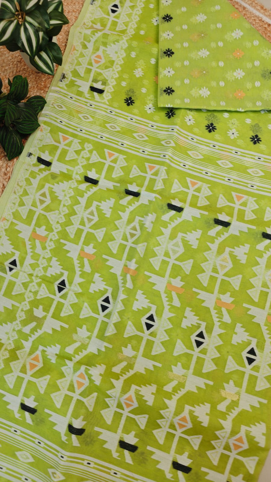 Bengal Jamdani Saree Bright Lime Green Pure Cotton  –Korat Elegance in Every Thread