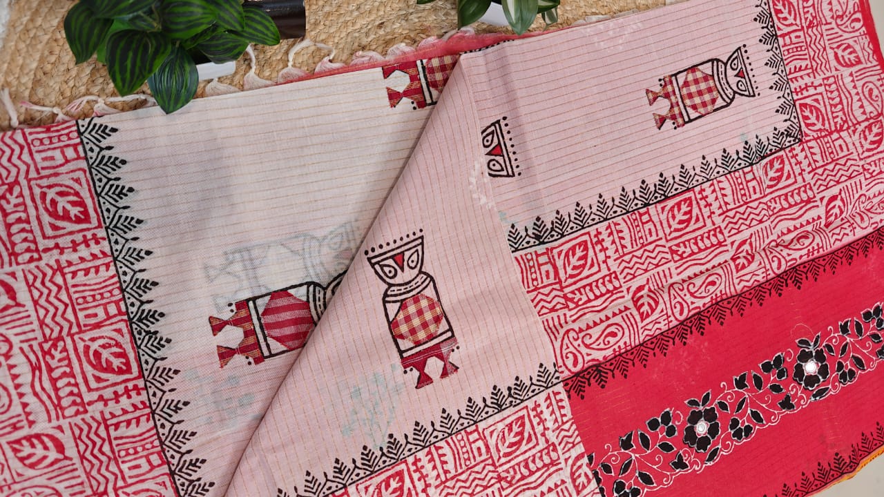 Sold out Authentic Pink White Pure Zari Stripe Cotton Saree-with Appliqué and Kutch Embroidery