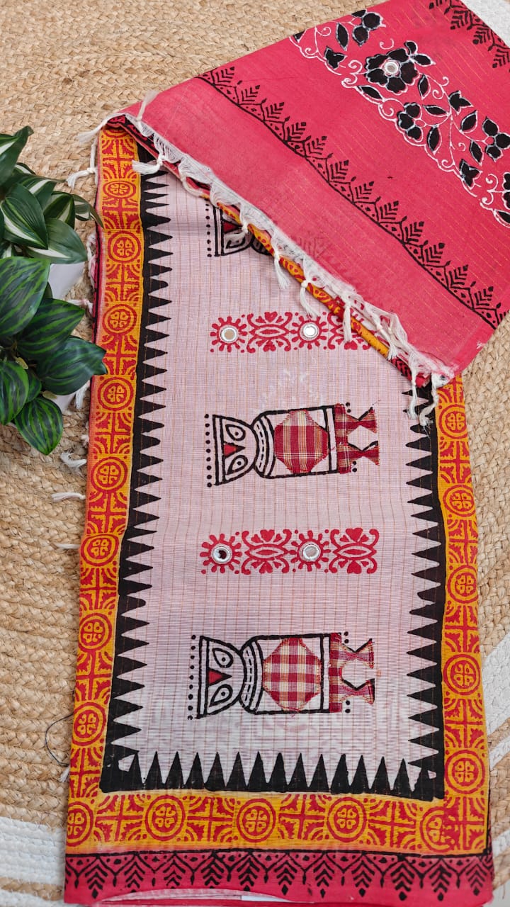 Sold out Authentic Pink White Pure Zari Stripe Cotton Saree-with Appliqué and Kutch Embroidery