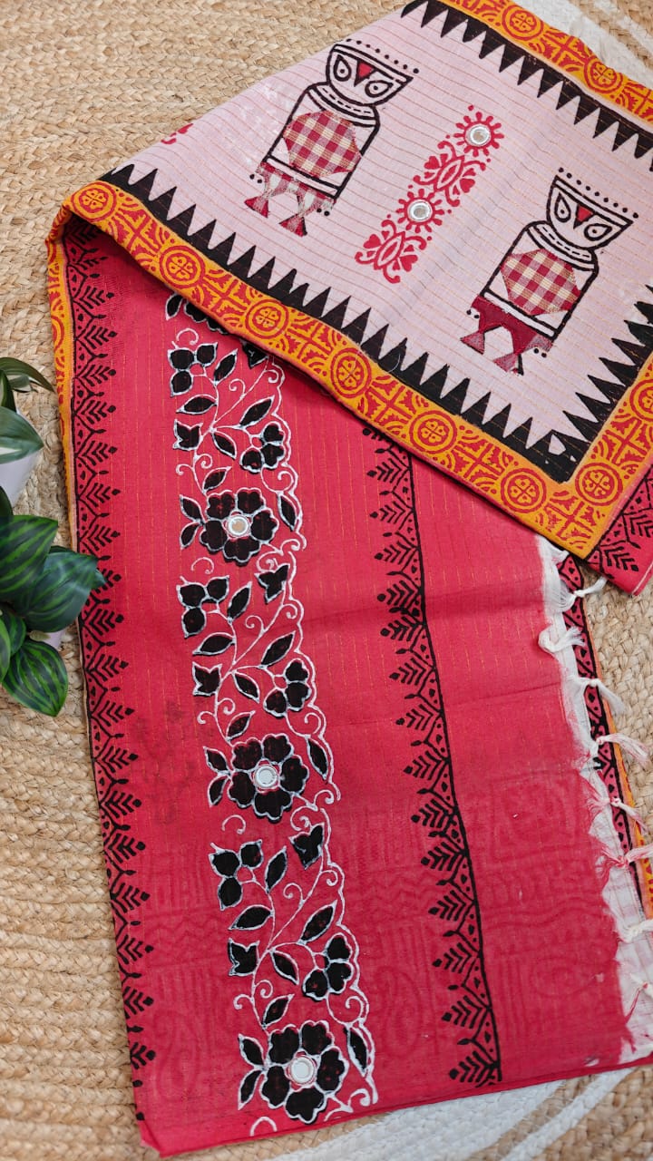 Sold out Authentic Pink White Pure Zari Stripe Cotton Saree-with Appliqué and Kutch Embroidery