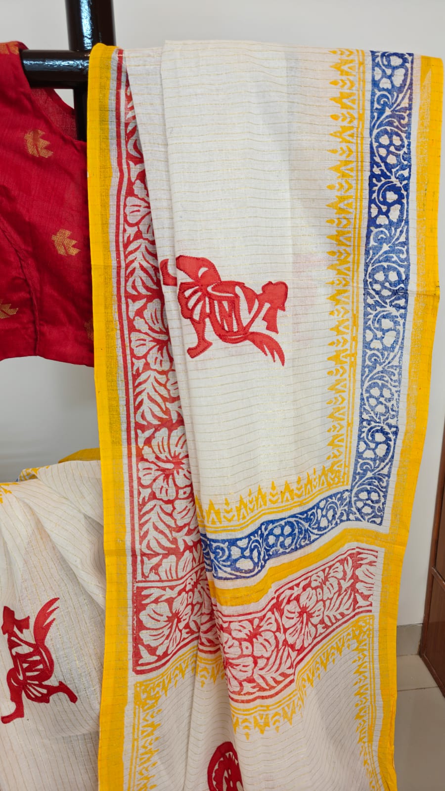 Authentic Pure Dhanekhali Zari Checker Cotton Applique and Block Print work Saree