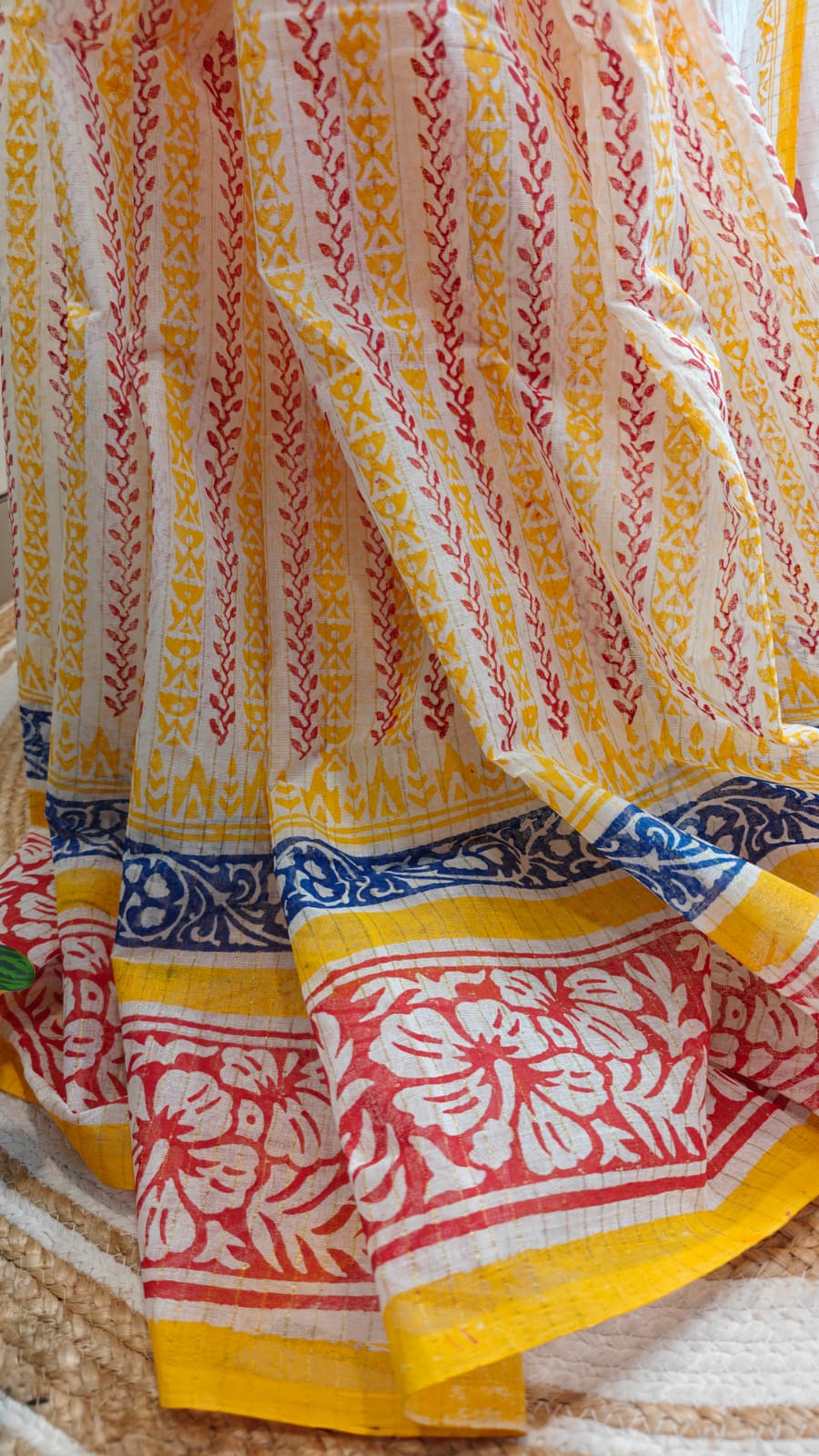 Authentic Pure Dhanekhali Zari Checker Cotton Applique and Block Print work Saree