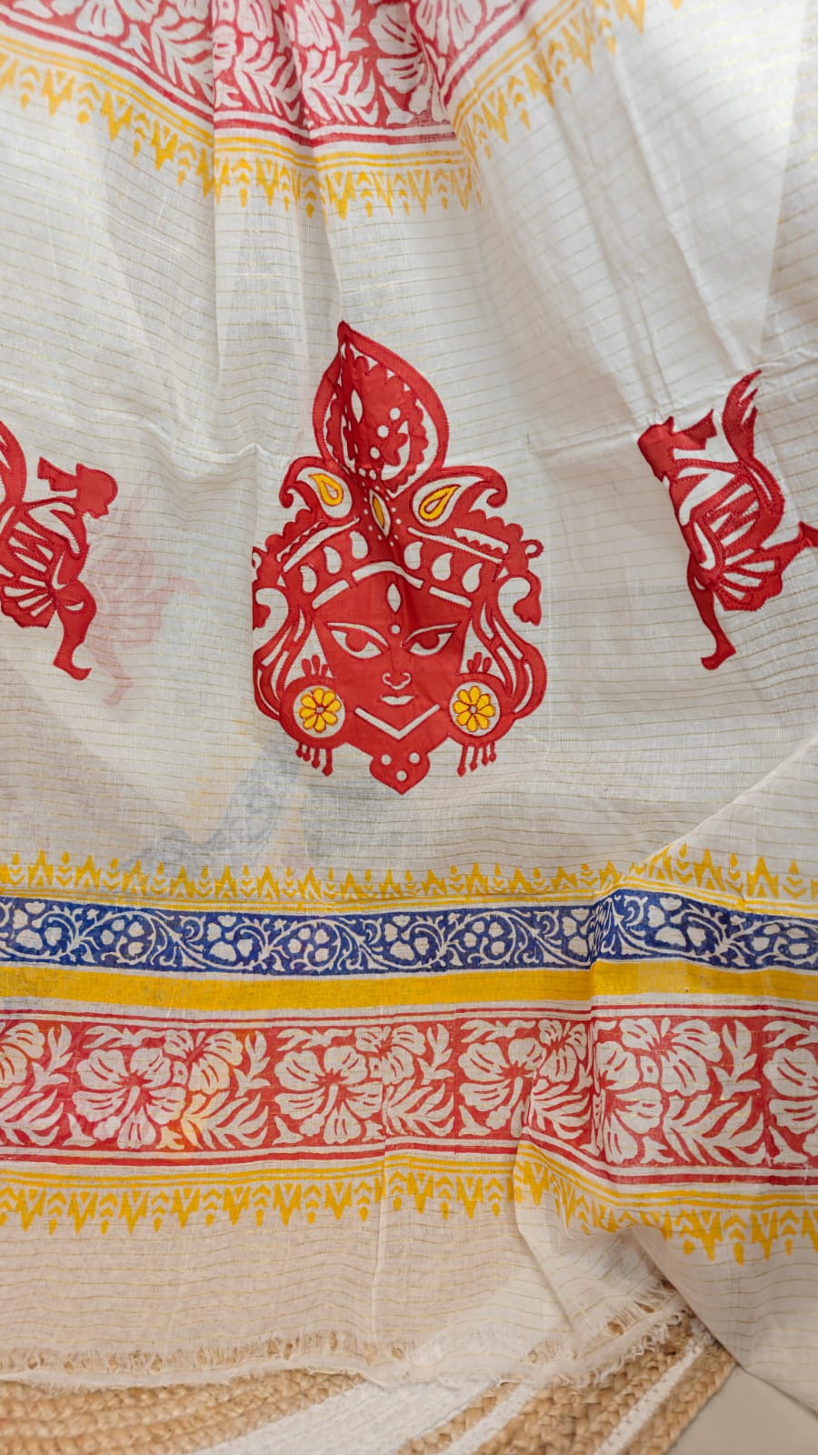 Authentic Pure Dhanekhali Zari Checker Cotton Applique and Block Print work Saree