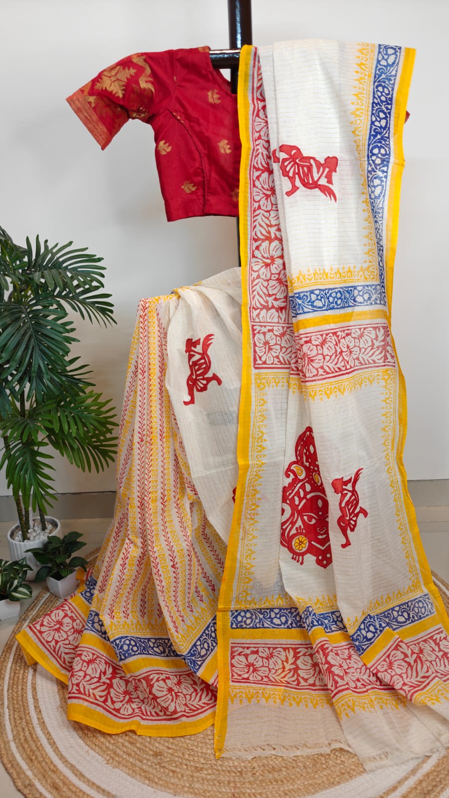 Authentic Pure Dhanekhali Zari Checker Cotton Applique and Block Print work Saree