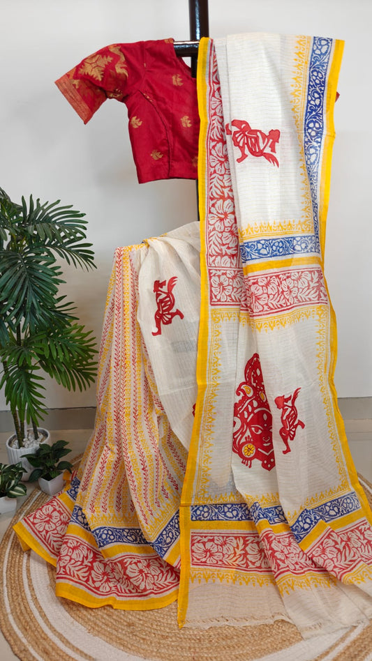 Authentic Pure Dhanekhali Zari Checker Cotton Applique and Block Print work Saree