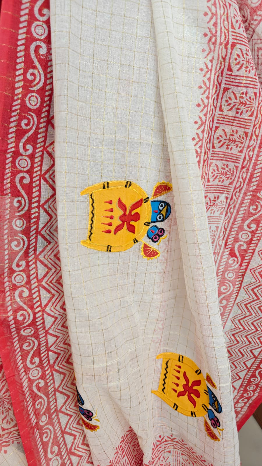 Sold out Authentic Pure Dhanekhali Zari Checker Cotton Applique and Block Print work Saree