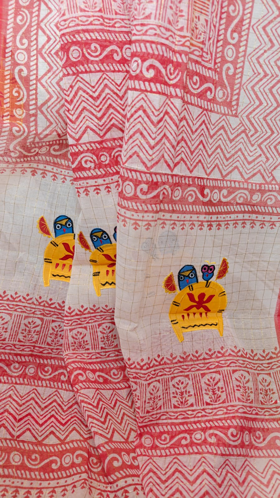 Sold out Authentic Pure Dhanekhali Zari Checker Cotton Applique and Block Print work Saree