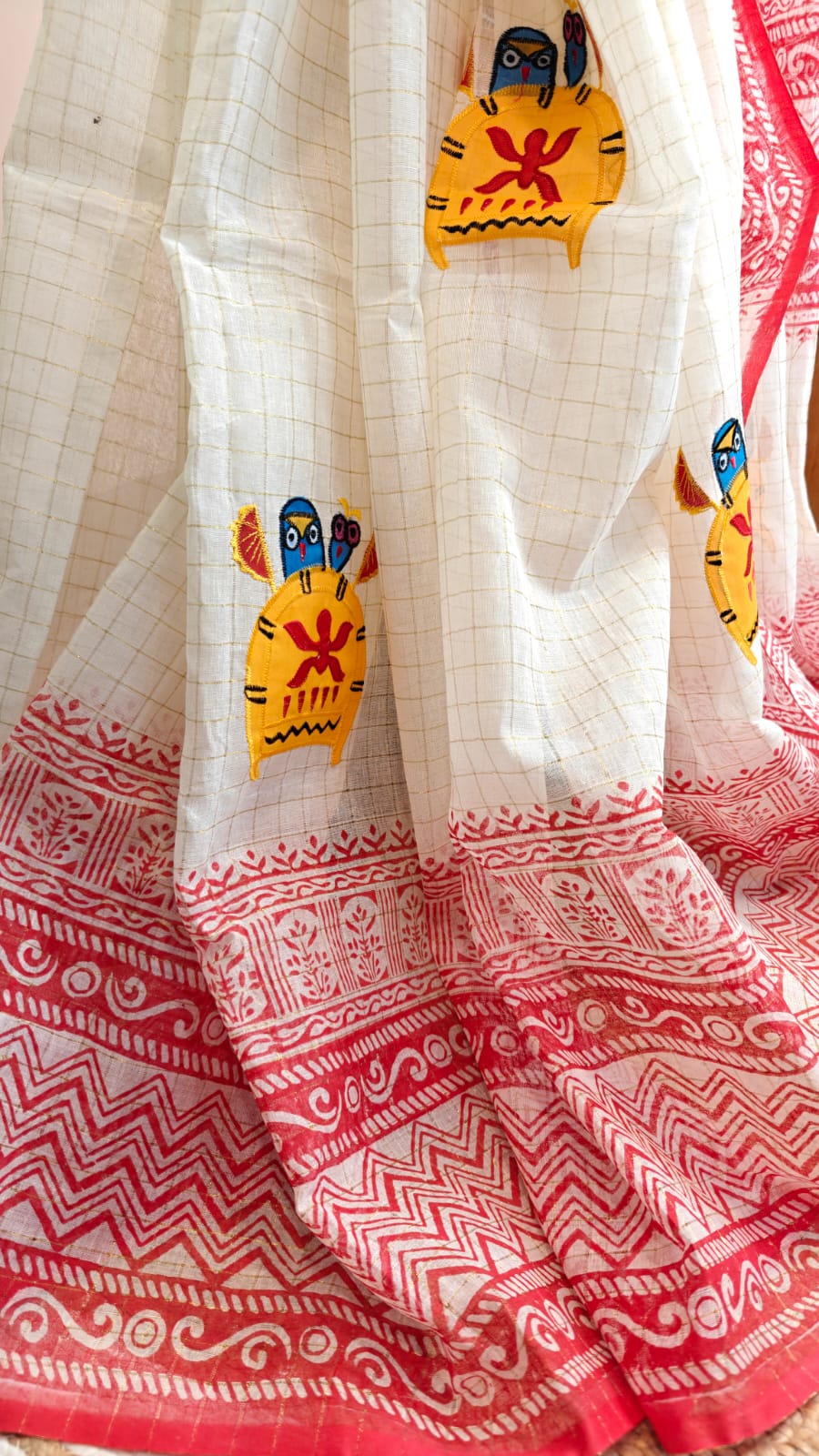 Sold out Authentic Pure Dhanekhali Zari Checker Cotton Applique and Block Print work Saree