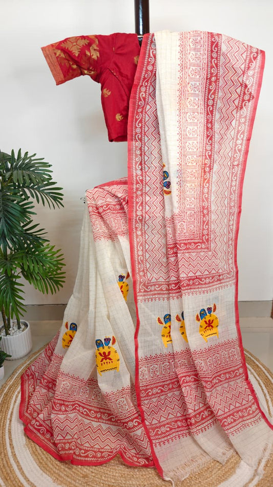 Sold out Authentic Pure Dhanekhali Zari Checker Cotton Applique and Block Print work Saree