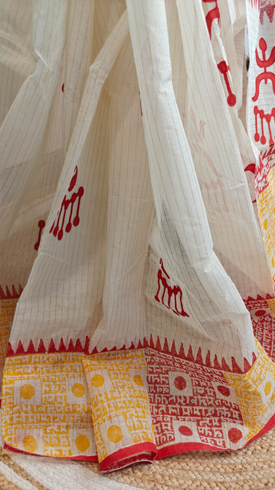 Sold out Authentic Pure Dhanekhali Zari Checker Cotton Applique and Block Print work Saree