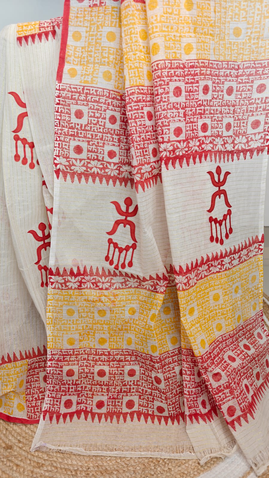 Sold out Authentic Pure Dhanekhali Zari Checker Cotton Applique and Block Print work Saree