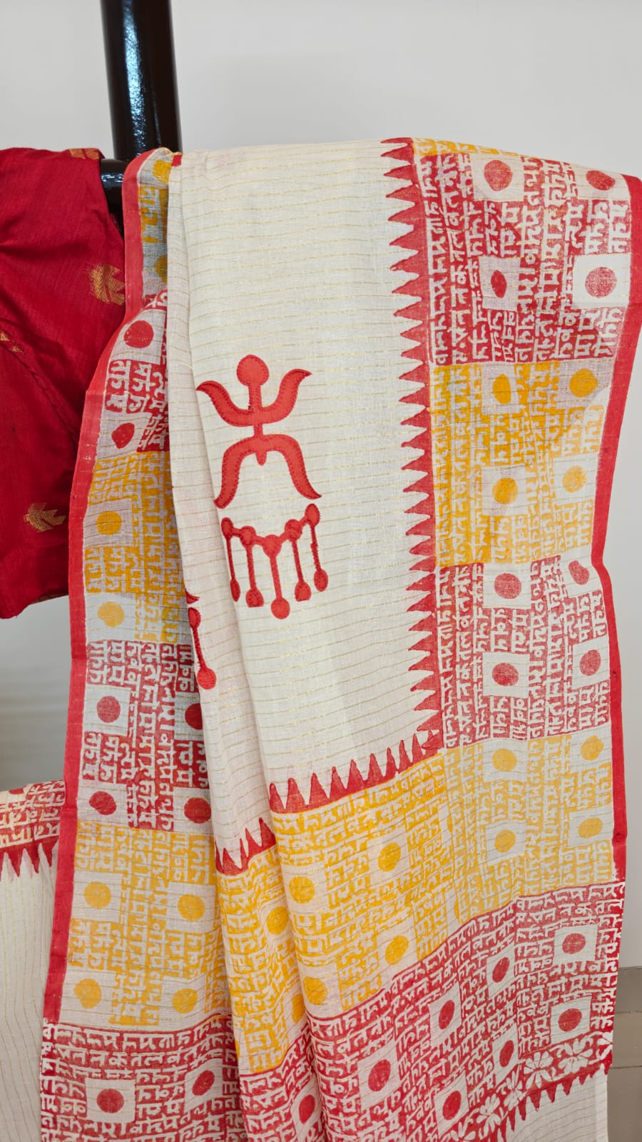 Sold out Authentic Pure Dhanekhali Zari Checker Cotton Applique and Block Print work Saree