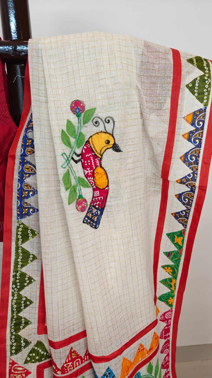 Authentic Pure Dhanekhali Zari Checker Cotton Applique work Saree