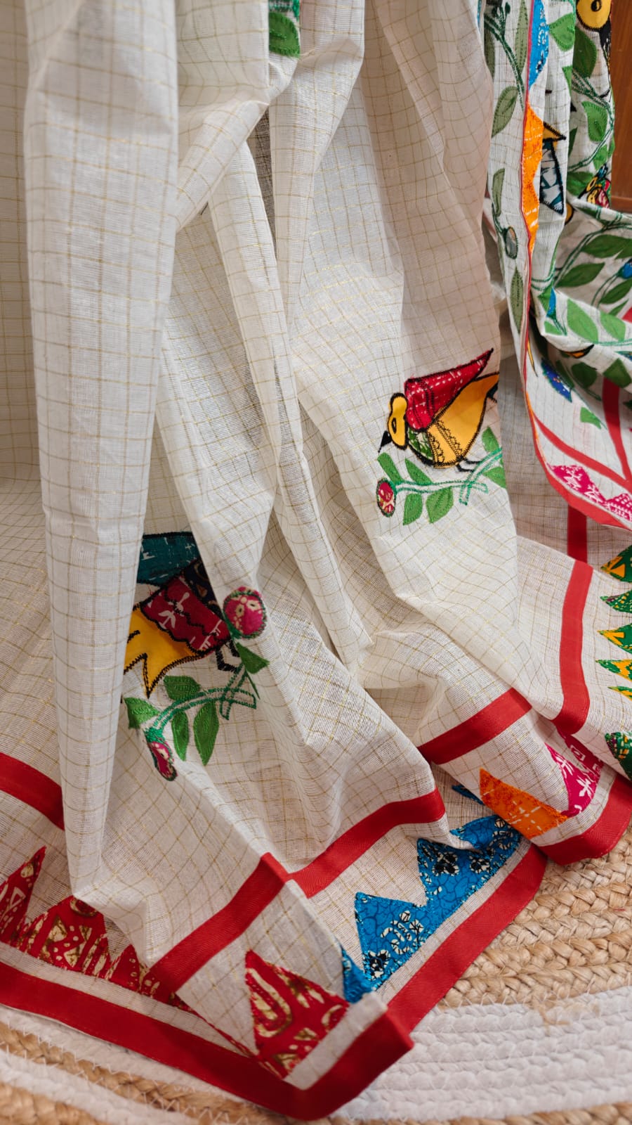 Authentic Pure Dhanekhali Zari Checker Cotton Applique work Saree