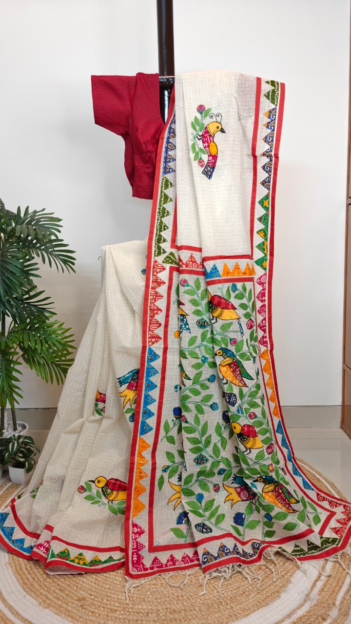 Authentic Pure Dhanekhali Zari Checker Cotton Applique work Saree