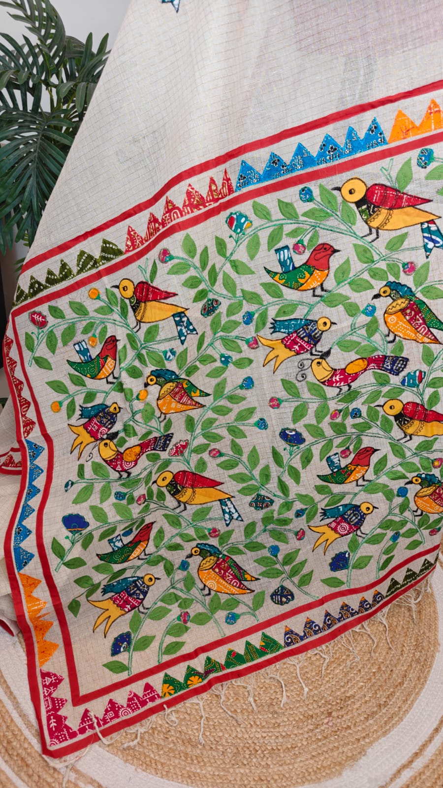 Authentic Pure Dhanekhali Zari Checker Cotton Applique work Saree