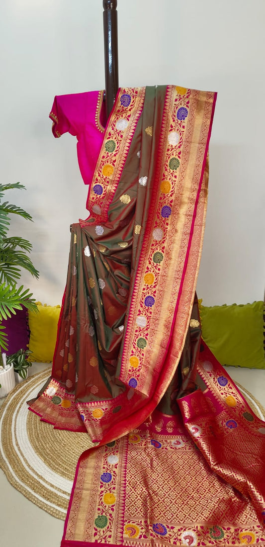 Katan Banarasi Semi Silk Saree – Premium Quality Minakari work with Golden and Silver Zari Weave