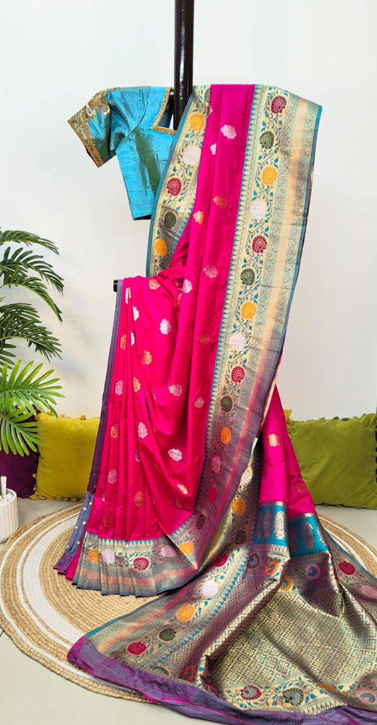 Katan Banarasi Semi Silk Saree – Premium Quality Minakari work with Golden and Silver Zari Weave
