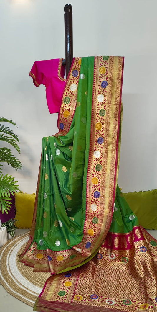 Katan Banarasi Semi Silk Saree – Premium Quality Minakari work with Golden and Silver Zari Weave