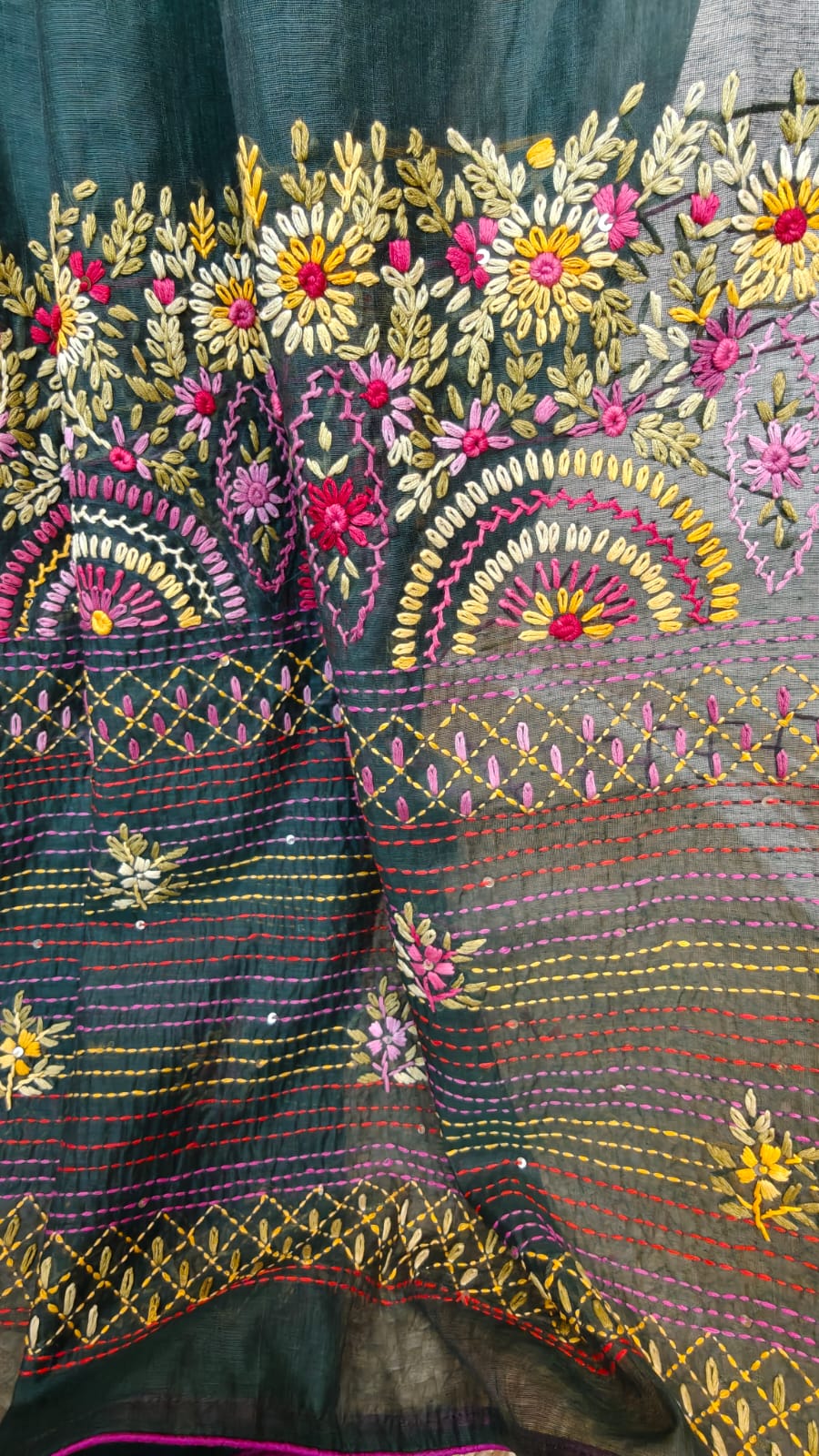 Sold Out Soft Silk Parsi Bullion Hand Embroidered Saree – Bottle Green Elegance-Sold in Bangalore