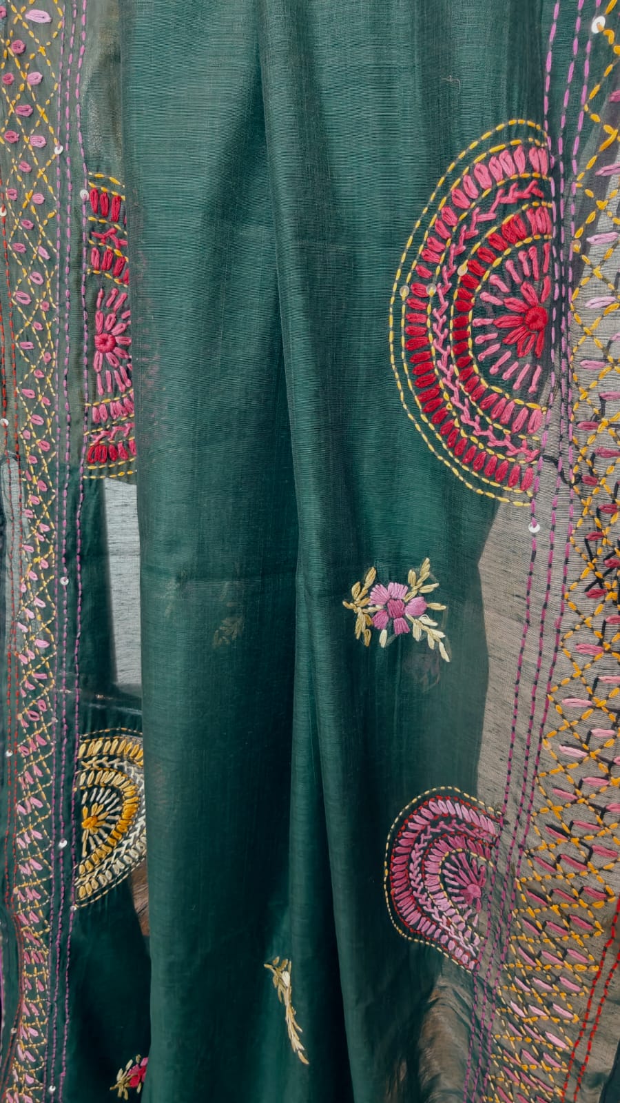 Sold Out Soft Silk Parsi Bullion Hand Embroidered Saree – Bottle Green Elegance-Sold in Bangalore