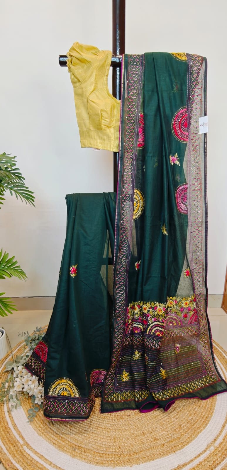 Sold Out Soft Silk Parsi Bullion Hand Embroidered Saree – Bottle Green Elegance-Sold in Bangalore