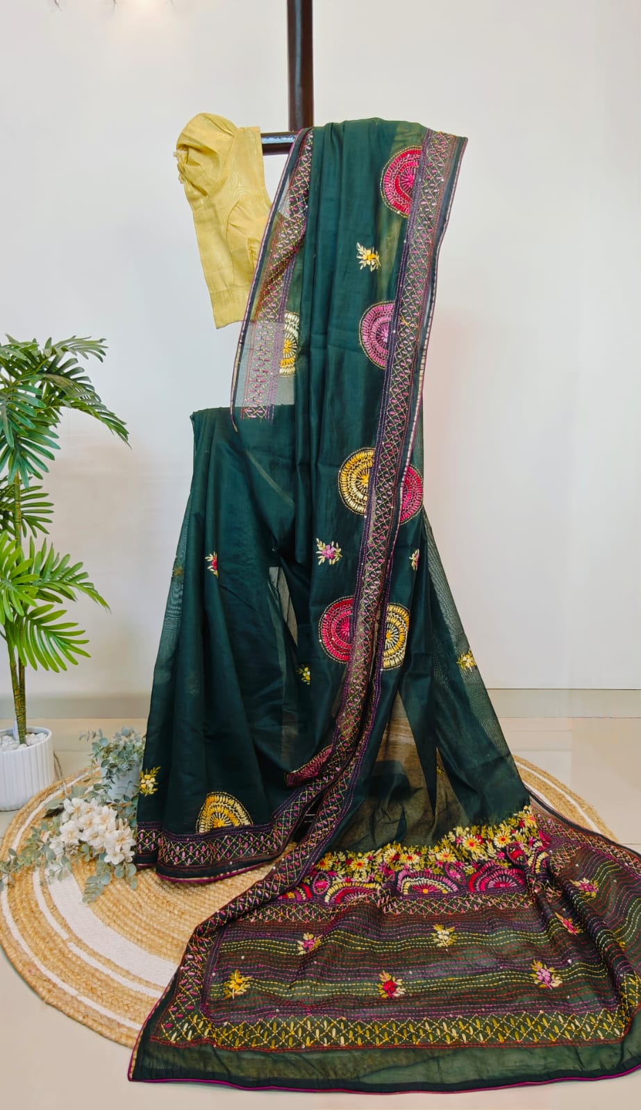 Sold Out Soft Silk Parsi Bullion Hand Embroidered Saree – Bottle Green Elegance-Sold in Bangalore