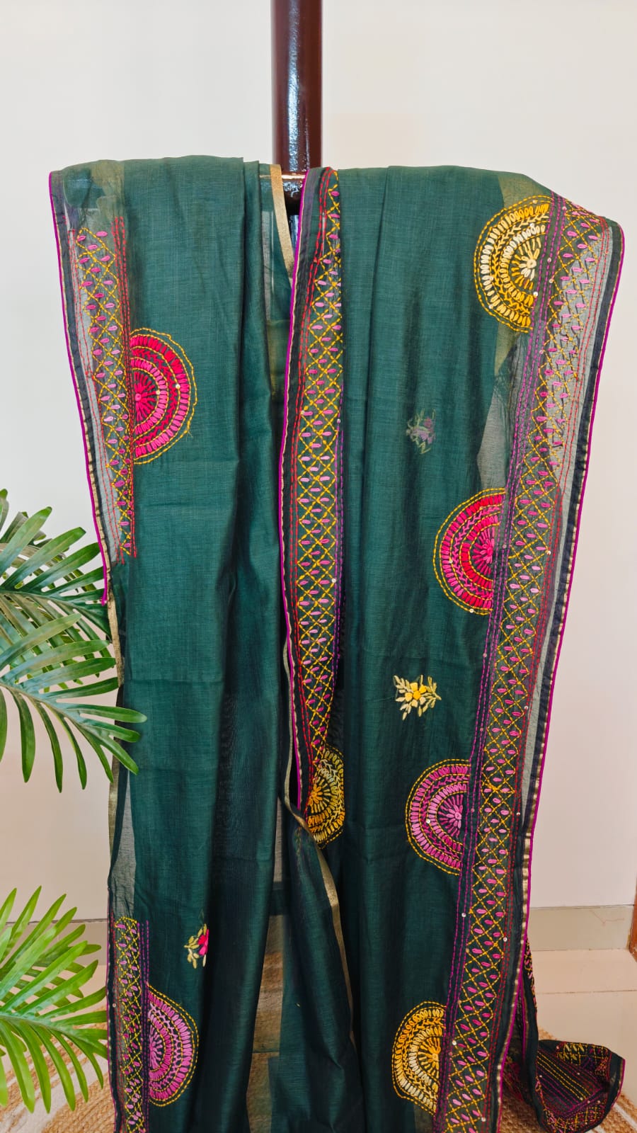 Sold Out Soft Silk Parsi Bullion Hand Embroidered Saree – Bottle Green Elegance-Sold in Bangalore