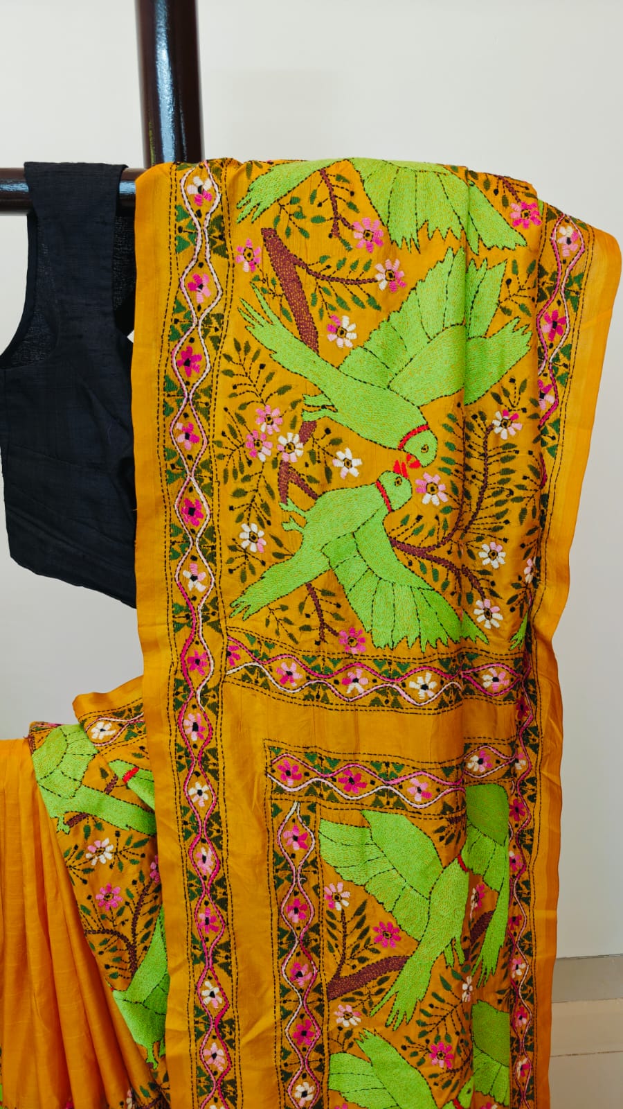 Pure Bangalore Silk  Exclusive Kantha Saree in  Golden Yellow
