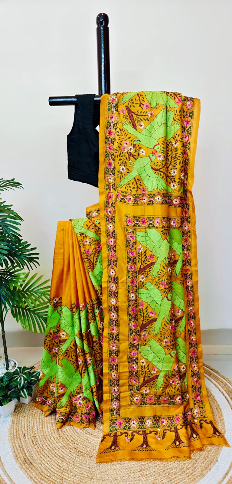Pure Bangalore Silk  Exclusive Kantha Saree in  Golden Yellow