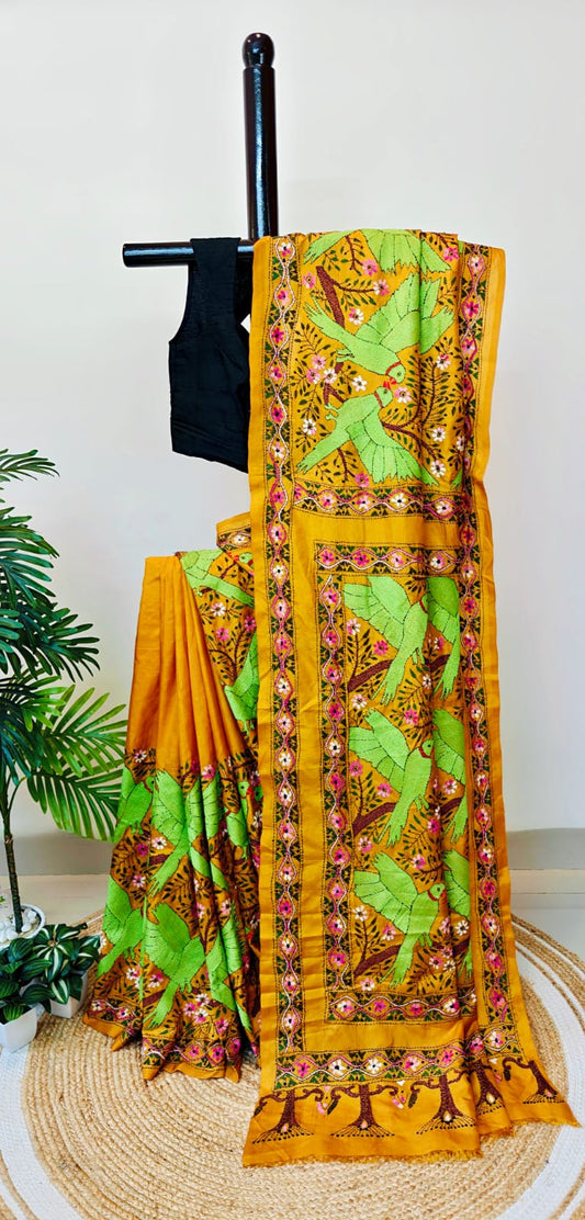 Pure Bangalore Silk  Exclusive Kantha Saree in  Golden Yellow
