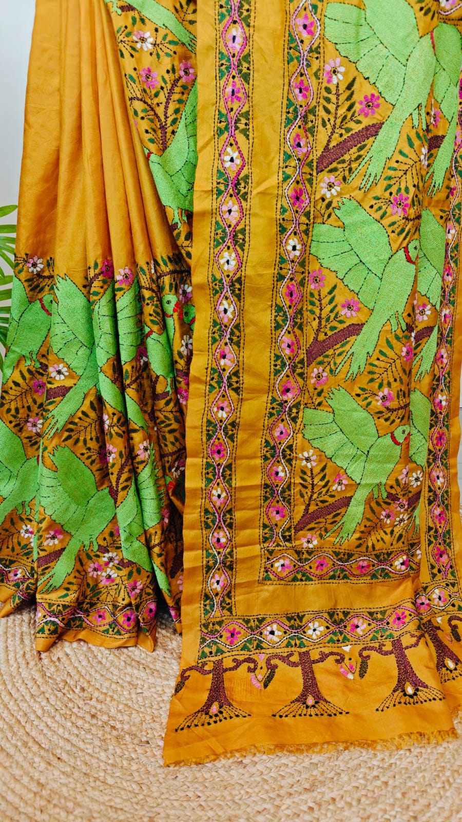 Pure Bangalore Silk  Exclusive Kantha Saree in  Golden Yellow