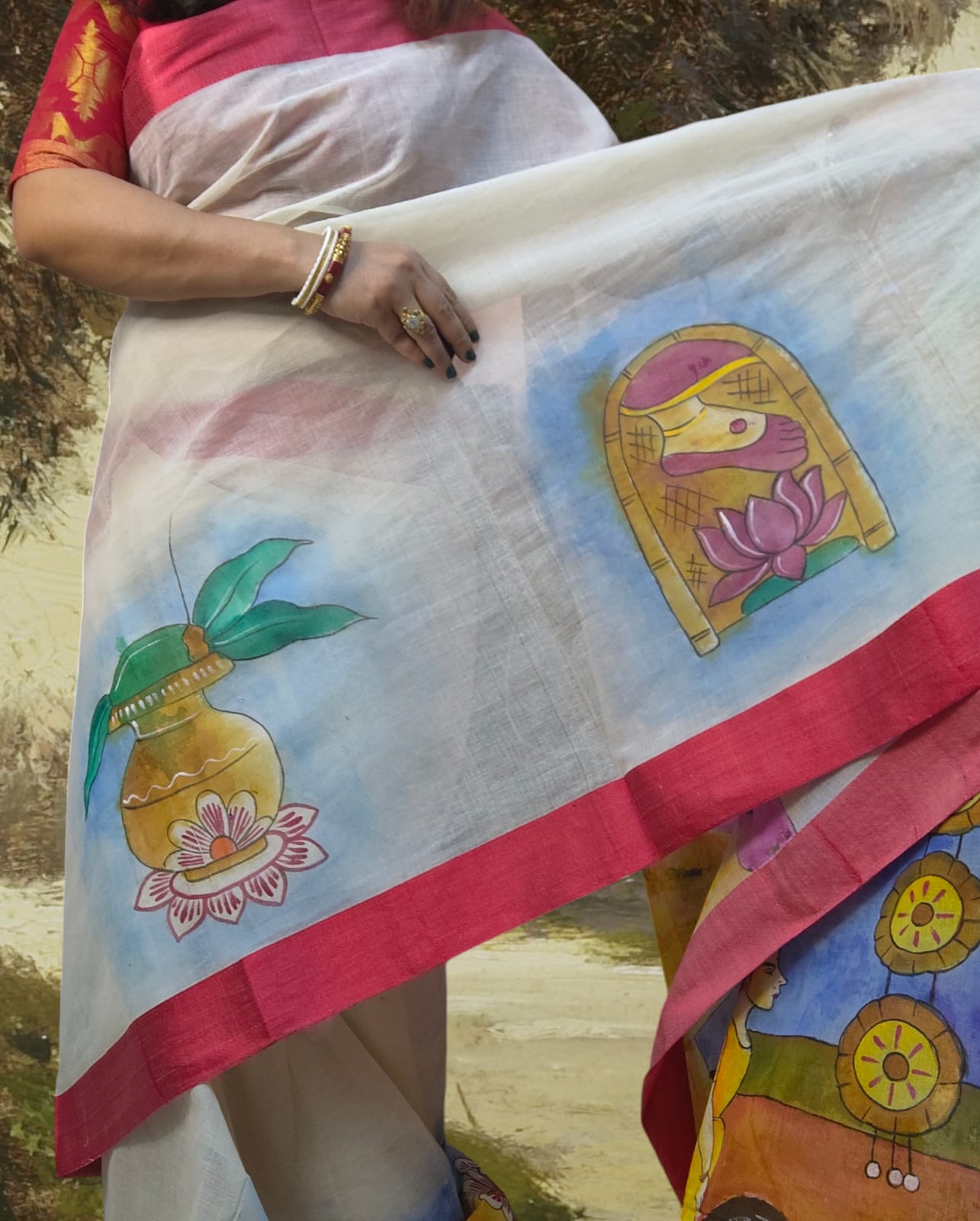 Sold out Authentic White and Red Phulia Cotton Hand-Painted Saree – A Ritual in Threads