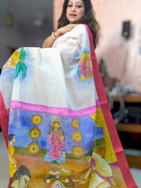 Sold out Authentic White and Red Phulia Cotton Hand-Painted Saree – A Ritual in Threads