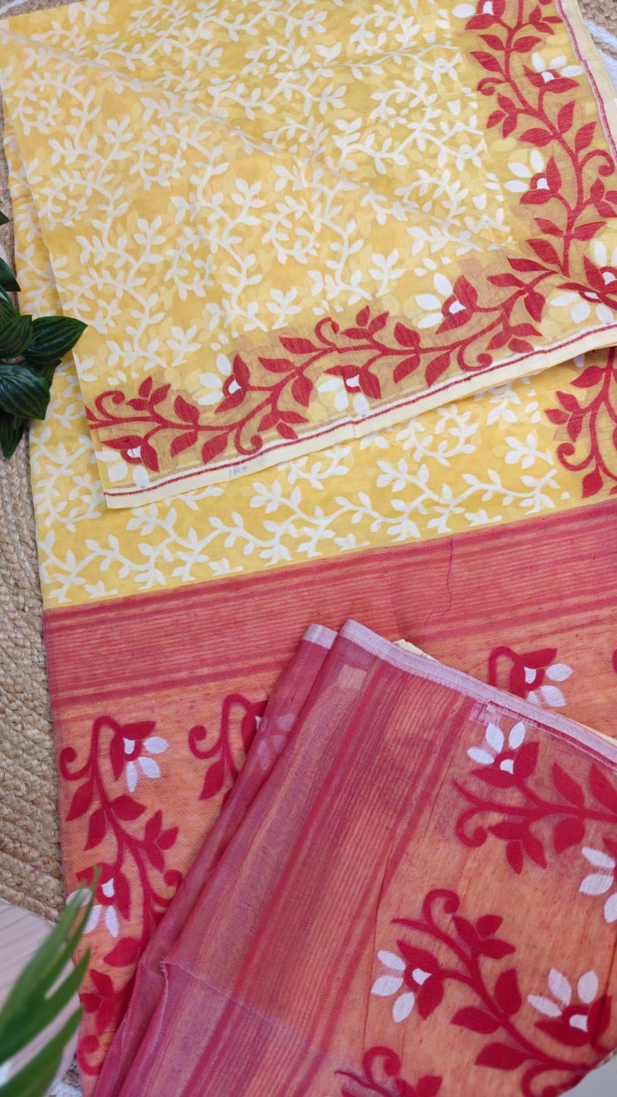 Sold out Bengal Jamdani Saree Bright Yellow Pure Cotton– Leaf and Bloom Harmony