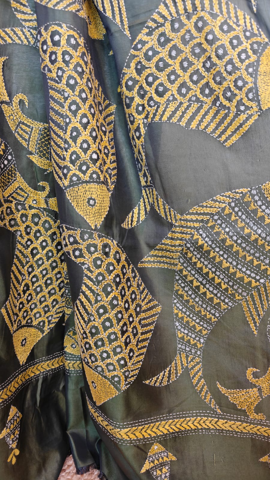 Sold out Blended Bangalore Silk Kantha Saree – A Graceful Artistry on Fish Motif