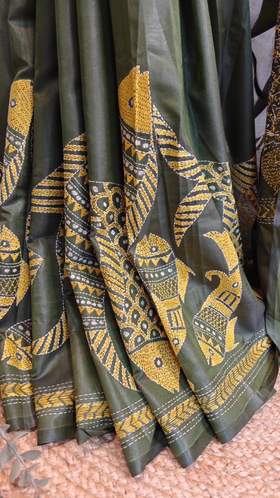 Sold out Blended Bangalore Silk Kantha Saree – A Graceful Artistry on Fish Motif