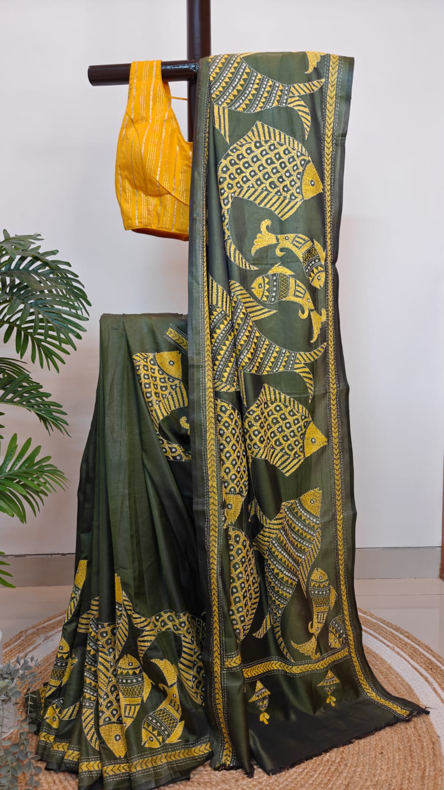 Sold out Blended Bangalore Silk Kantha Saree – A Graceful Artistry on Fish Motif