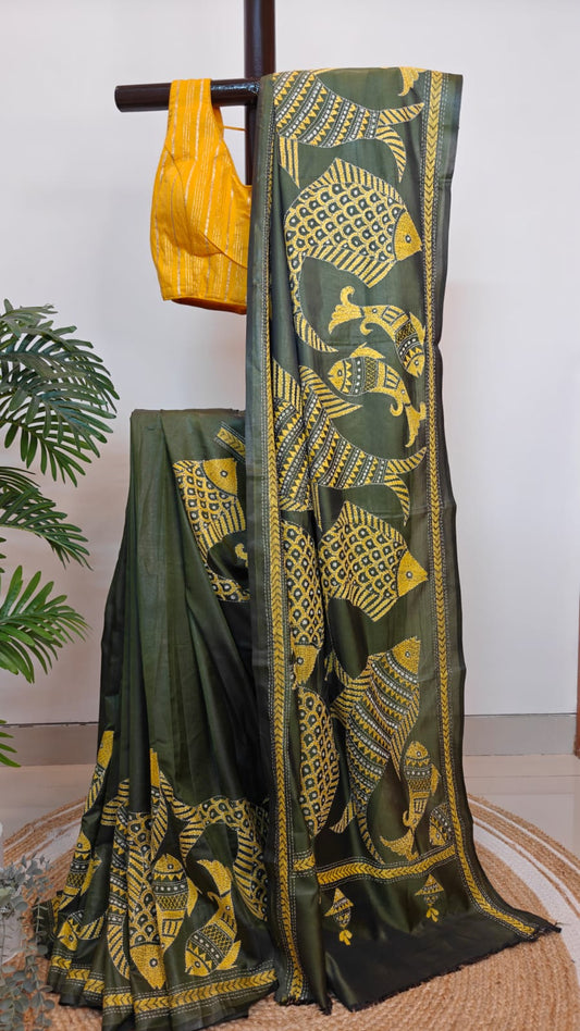Sold out Blended Bangalore Silk Kantha Saree – A Graceful Artistry on Fish Motif