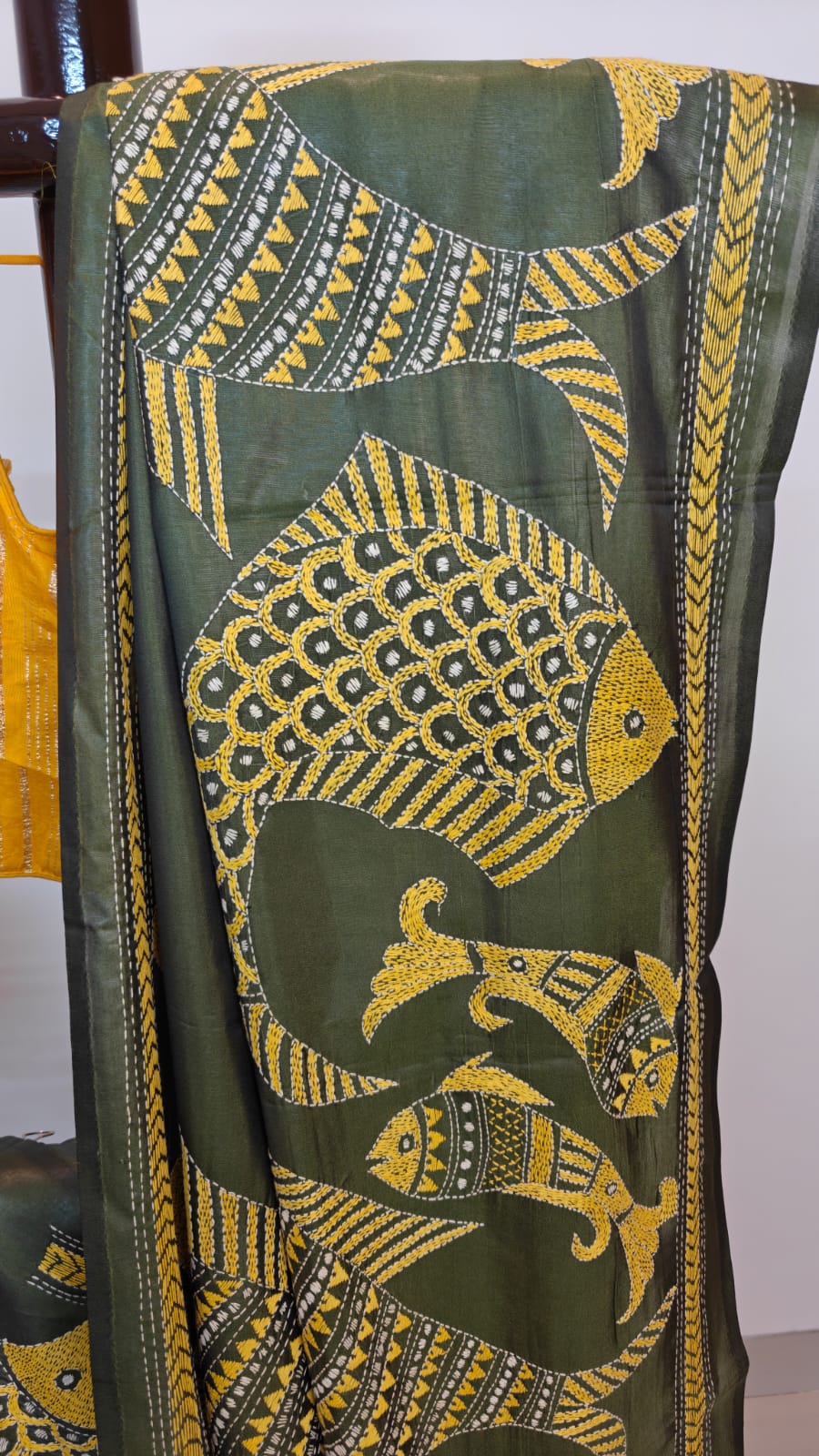 Sold out Blended Bangalore Silk Kantha Saree – A Graceful Artistry on Fish Motif