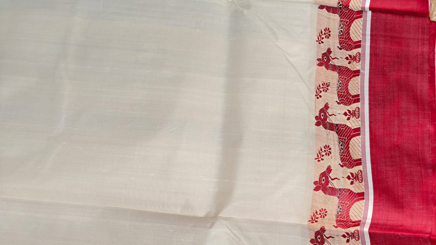 Sold out Authentic Garad Mulberry Silk Saree – Creamy White Elegance Infused with Baluchori and Assam Weaving Traditions