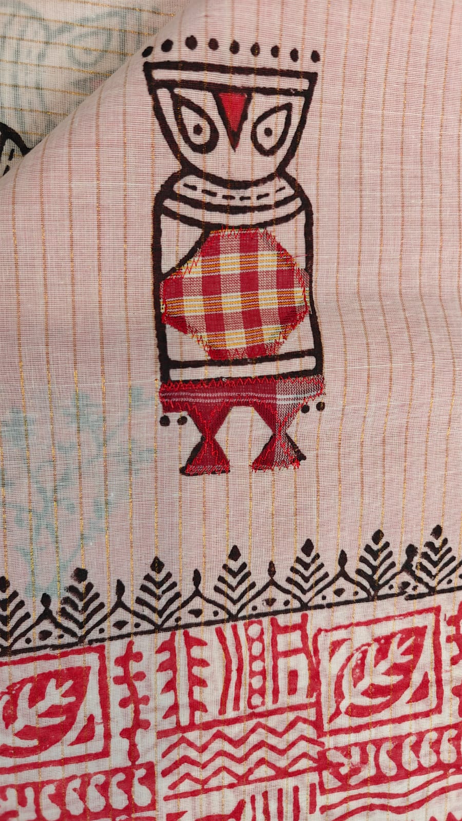 Sold out Authentic Pink White Pure Zari Stripe Cotton Saree-with Appliqué and Kutch Embroidery