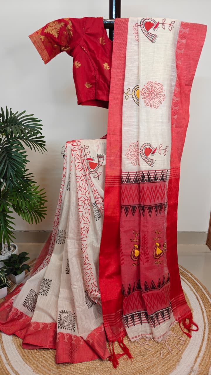 Sold out Authentic Pure Handloom Cotton Applique and Block Print work Saree