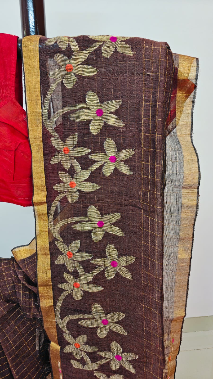 Sold out Handwoven Linen Jamdani Saree with Zari Checkwork