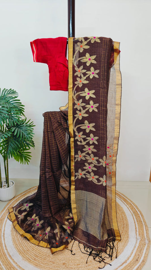 Sold out Handwoven Linen Jamdani Saree with Zari Checkwork