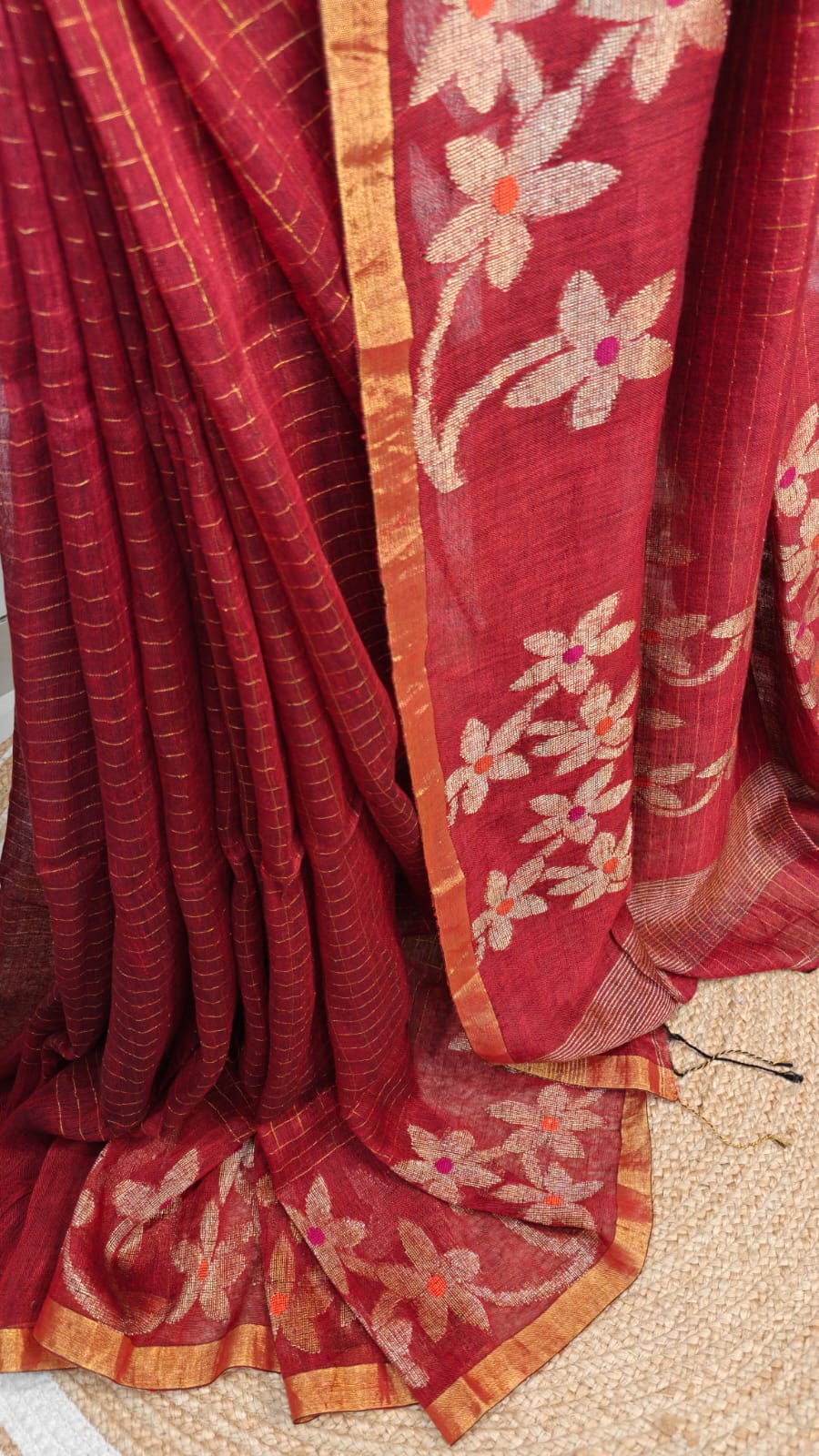 Sold out Handwoven Linen Jamdani Saree with Zari Check work