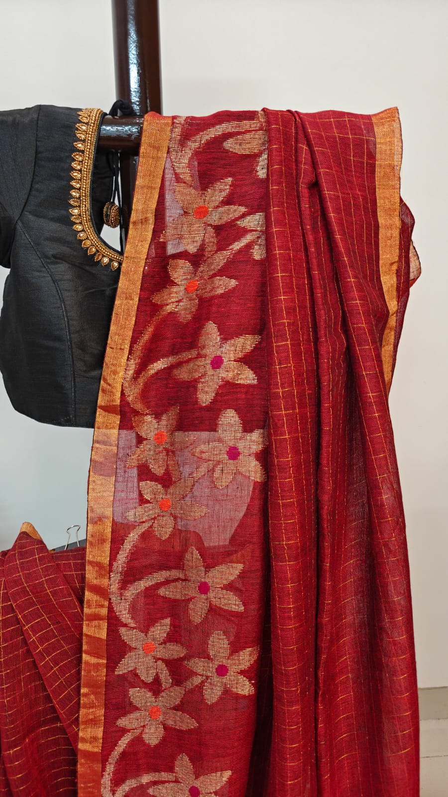 Sold out Handwoven Linen Jamdani Saree with Zari Check work